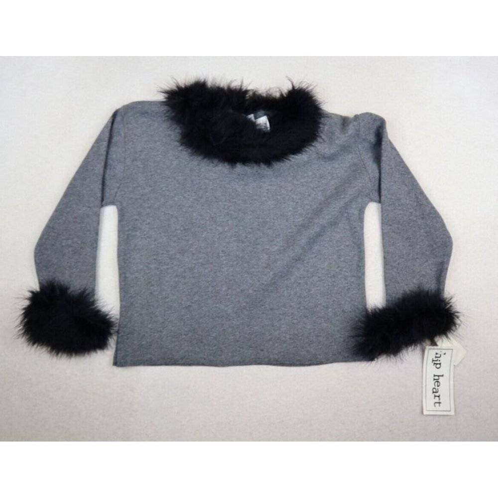 GIRL'S GRAY PULLOVER SWEATER W/ BLACK FEATHER TRIM - HIP HEART - SIZE L 14/16